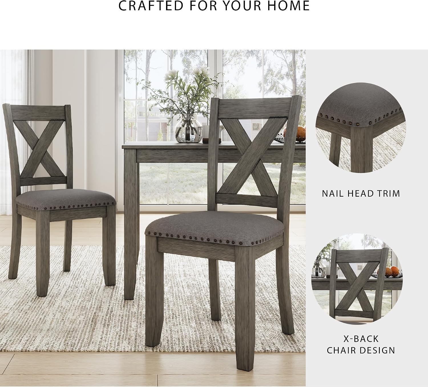 Signature Design by Ashley Caitbrook Rustic 7-Piece Dining Set – Rectangular Table with 6 X-Back Upholstered Chairs, Gray