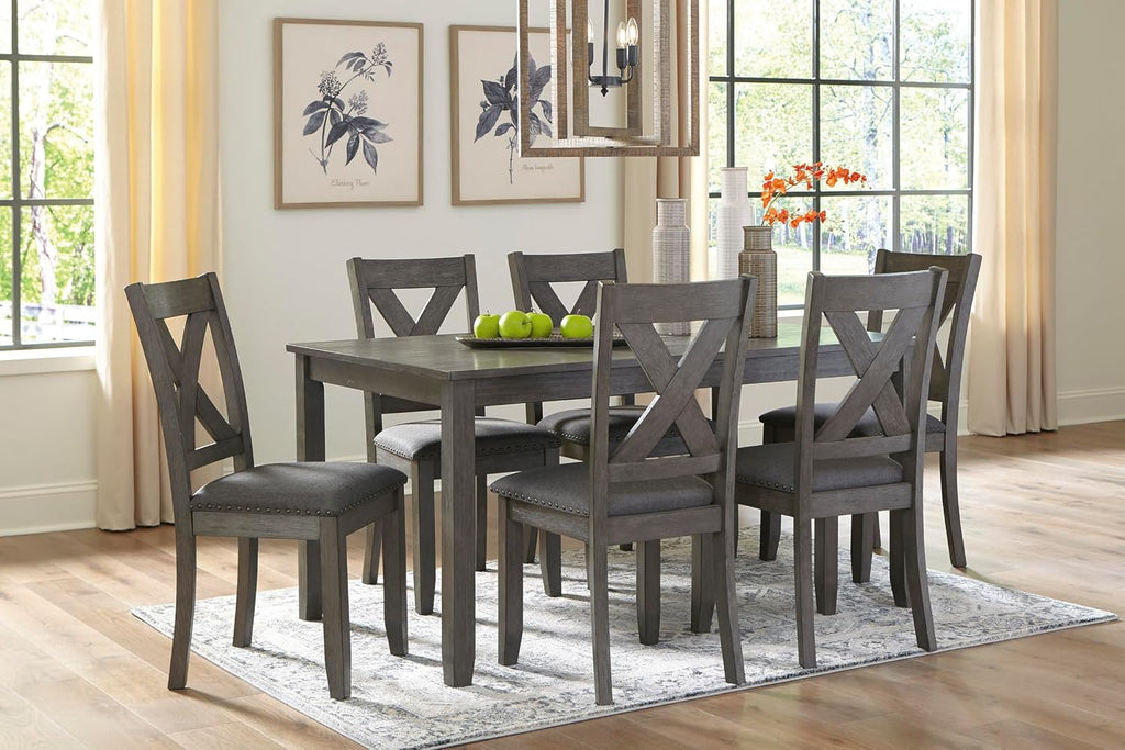 Signature Design by Ashley Caitbrook Rustic 7-Piece Dining Set – Rectangular Table with 6 X-Back Upholstered Chairs, Gray